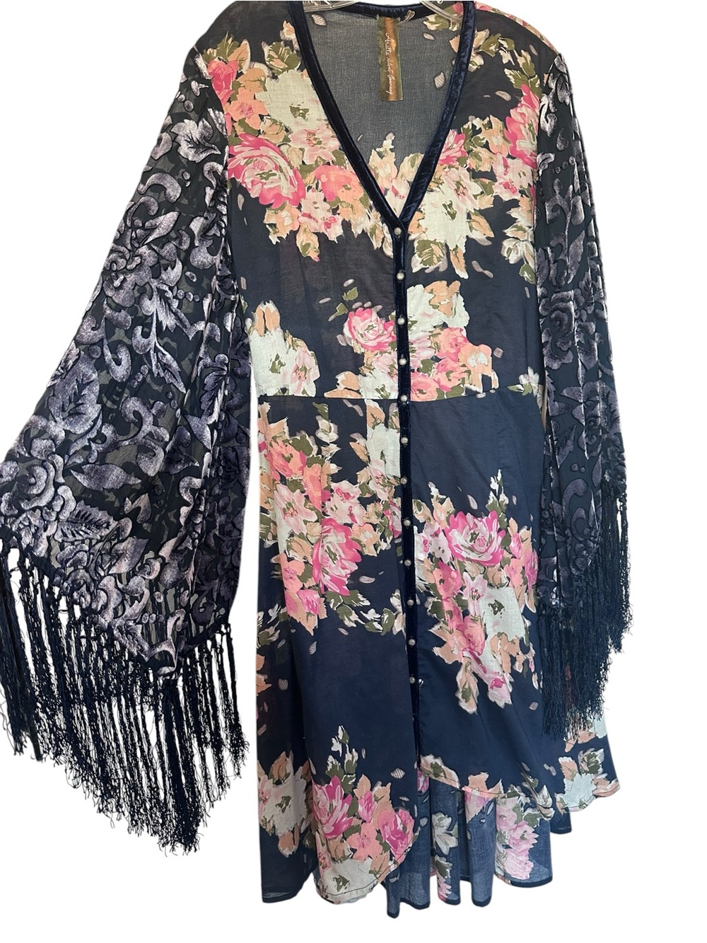 Aratta Silent Journey Floral Burnout Velvet Fringe Duster Kimono Boho Navy